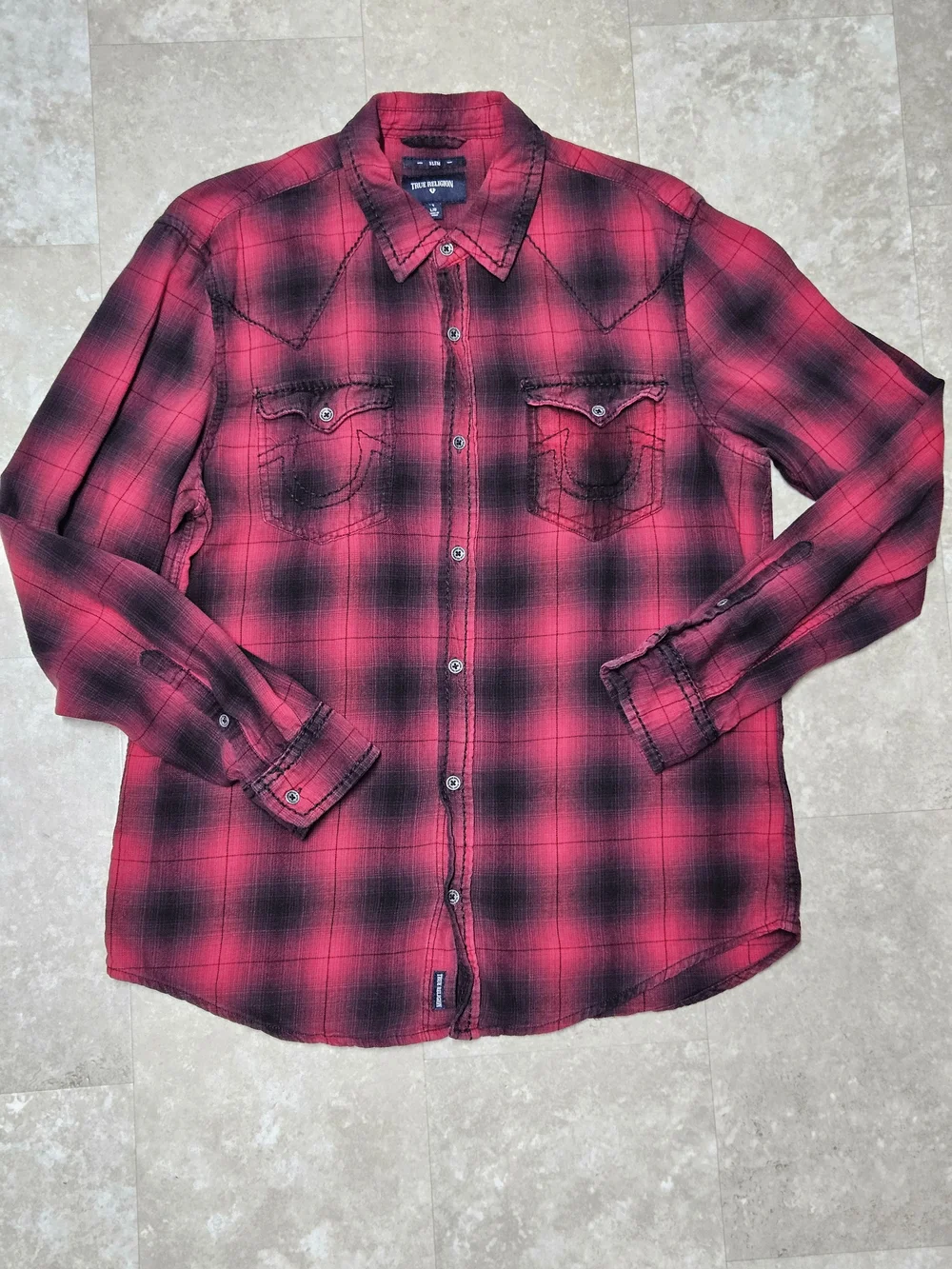 True Religion Mens Slim Fit Western Plaid Flannel LS Shirt Size L Black/Red Y2K